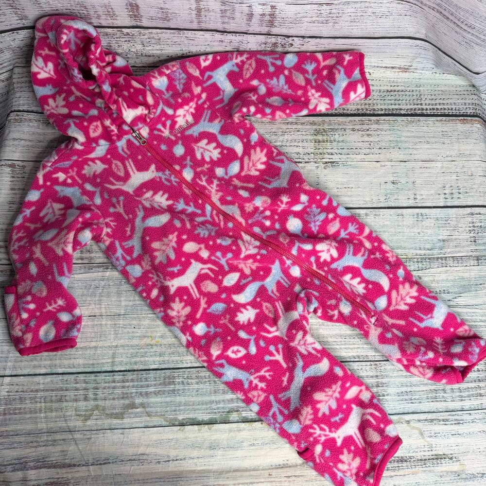 Columbia Baby Girls 18-24M Pink Fleece Bunting Snowsuit Deer Hooded One Piece